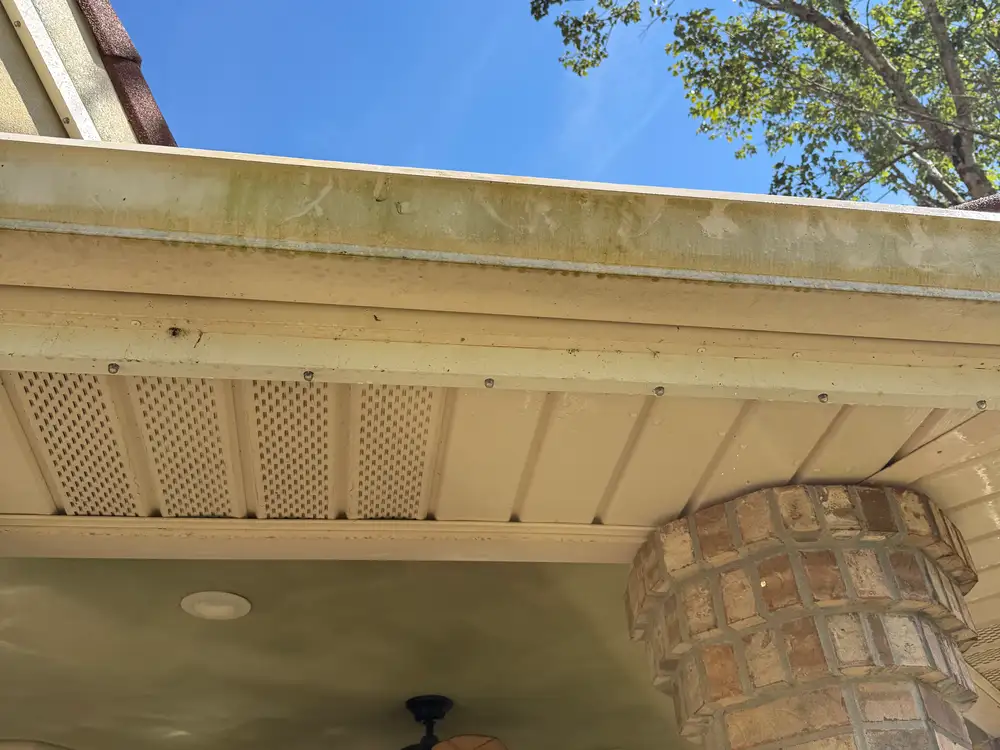 Porch gutter streaked with green algae and grime before cleaning